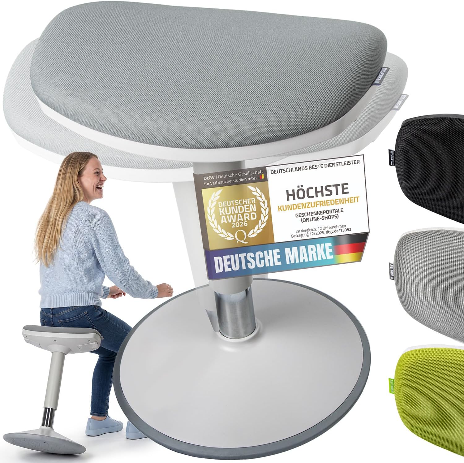 Ergonomischer Stehhocker mit grauer Sitzfläche und Auszeichnung für Kundenzufriedenheit.
