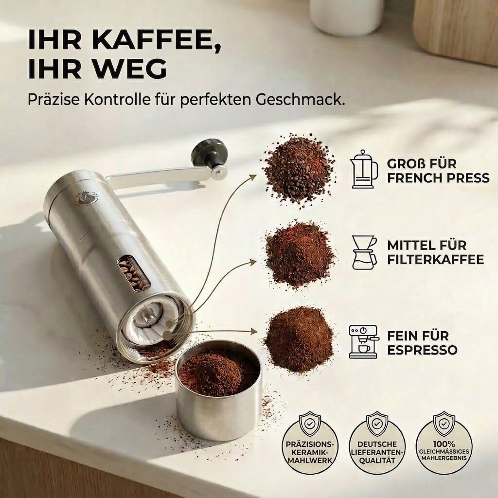 Manuelle Edelstahl-Kaffeemühle – Stufenloses Keramik-Mahlwerk