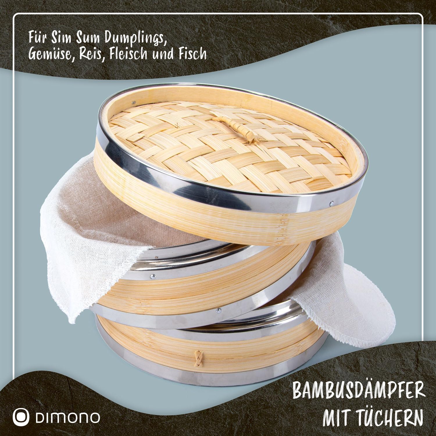 Bambus Dampfgarer 20cm - 2 Etagen Asia-Dampfkorb mit Edelstahl-Ring