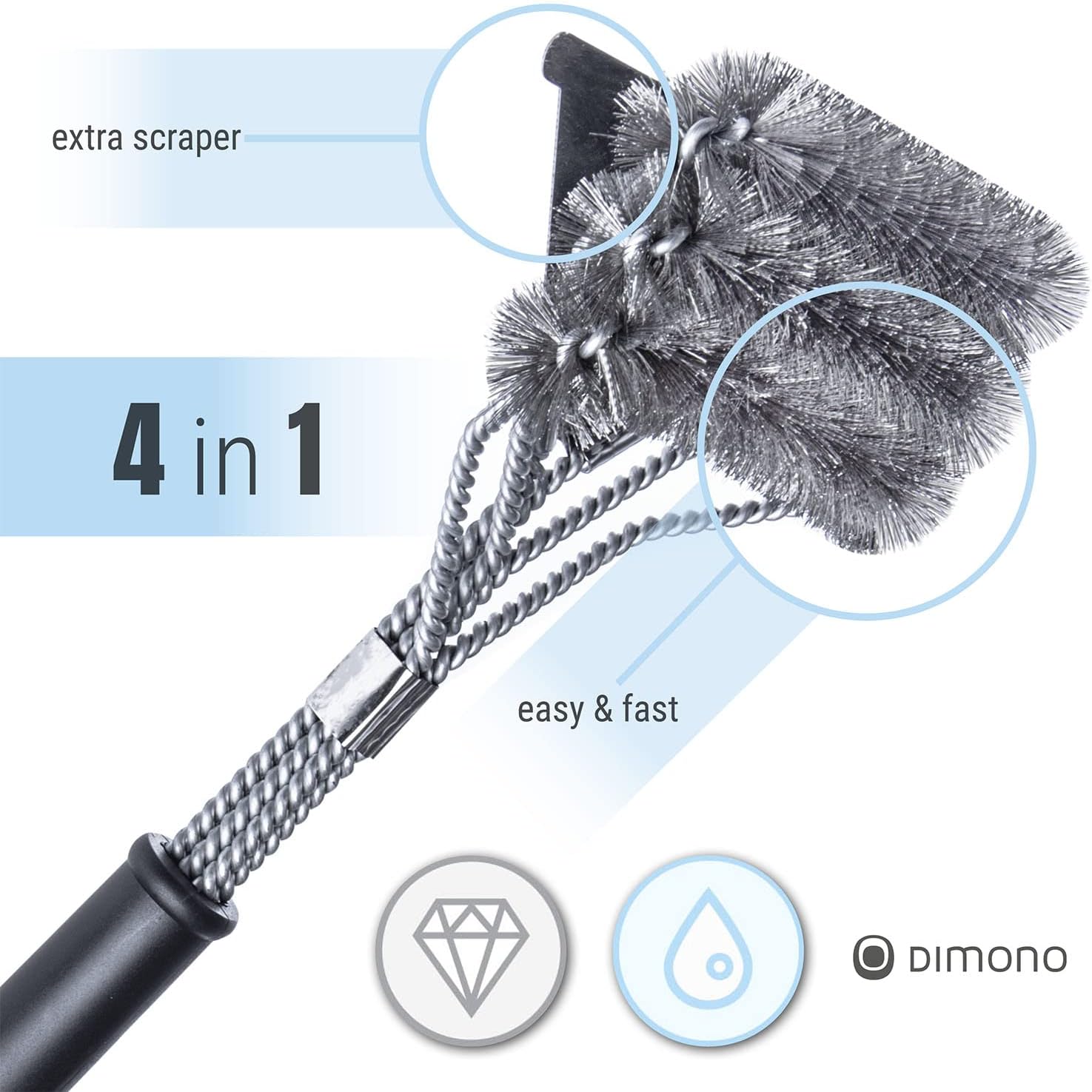 3in1 Edelstahl Grillbürste – 45 cm Reiniger mit Schaber