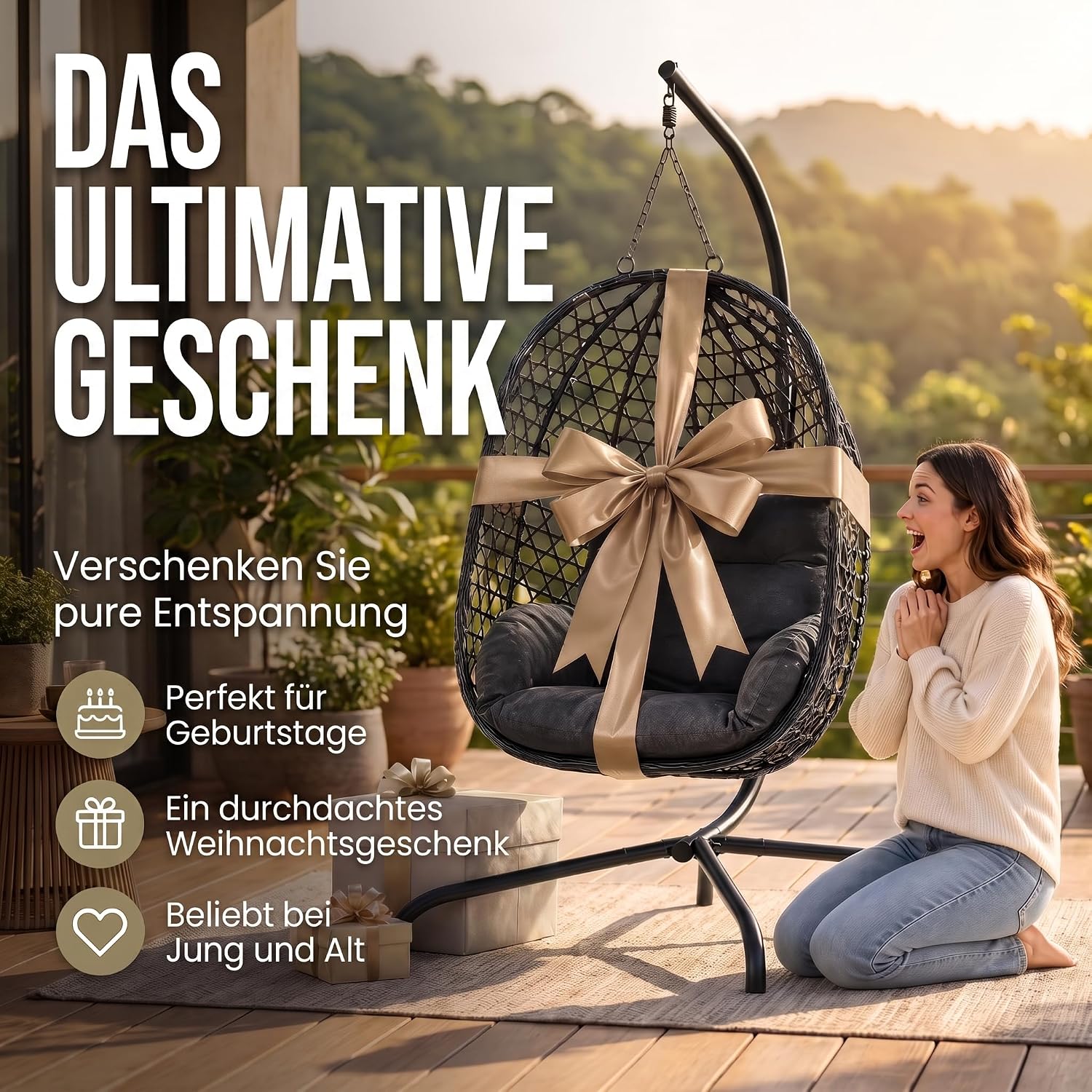 Schwebeliege mit Gestell - Freischwingender Hängesessel aus Rattan