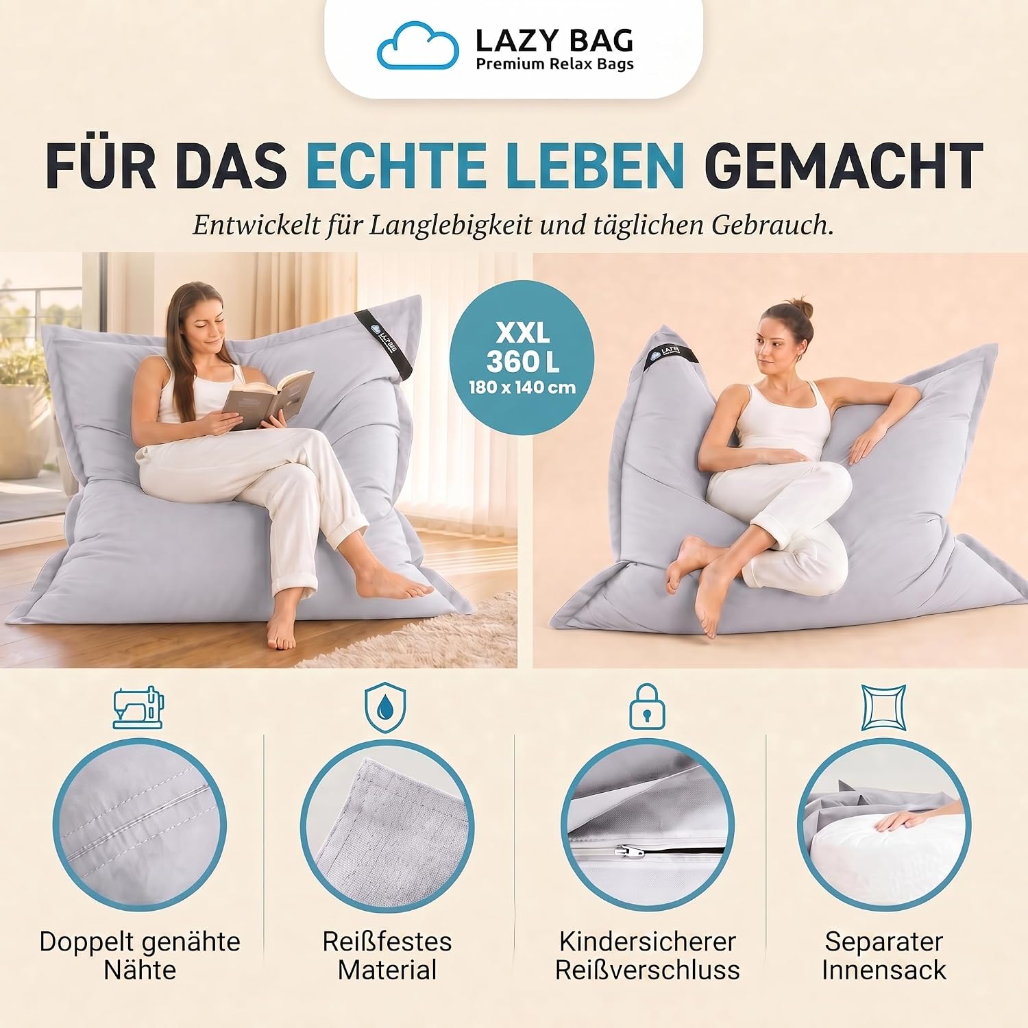 LazyBag XXL Sitzsack 180x140 cm aus Baumwolle – 400L Komfort