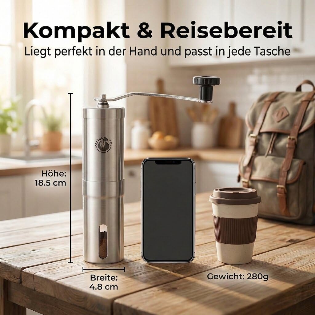 Manuelle Edelstahl-Kaffeemühle – Stufenloses Keramik-Mahlwerk