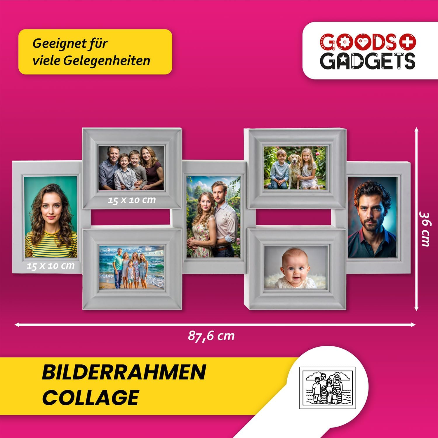 Bilderrahmen-Collage Grau – Wand-Galerierahmen für 7 Fotos