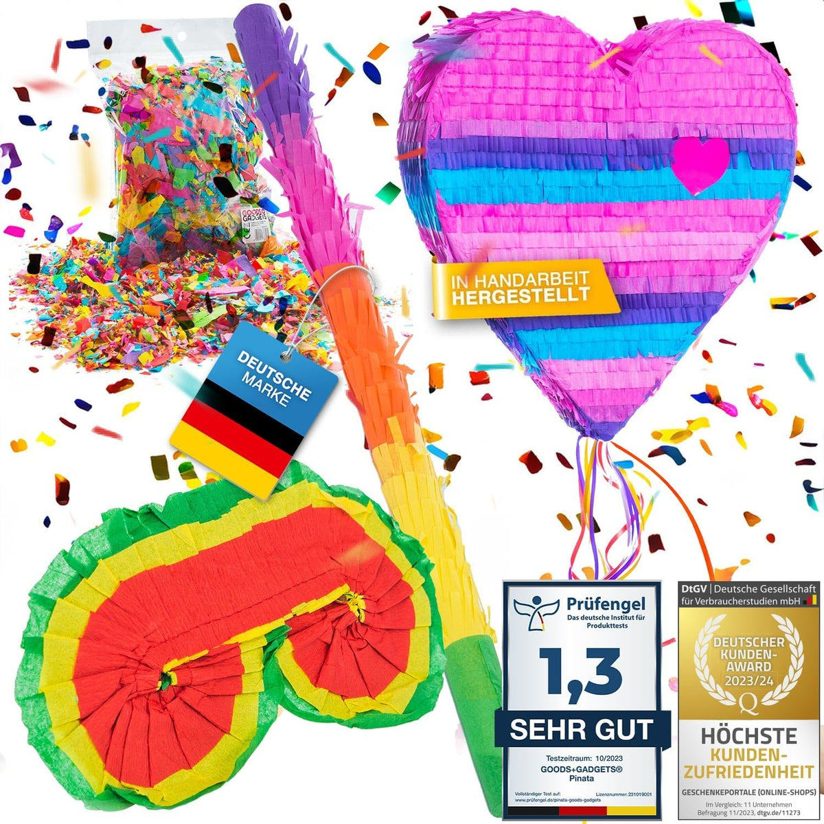 Piñata Set für Kindergeburtstag mit Stab & Augenmaske – Bunter Spaß