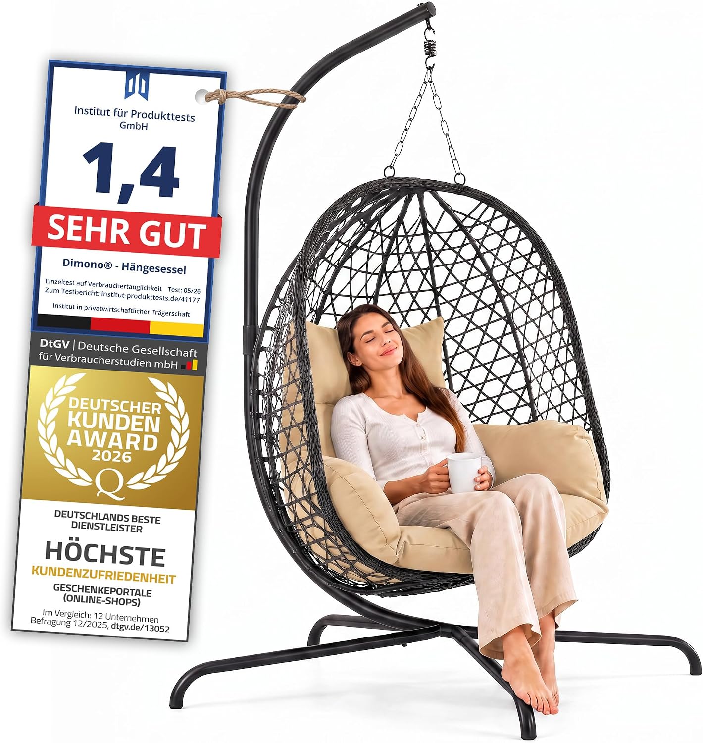 Schwebeliege mit Gestell - Freischwingender Hängesessel aus Rattan
