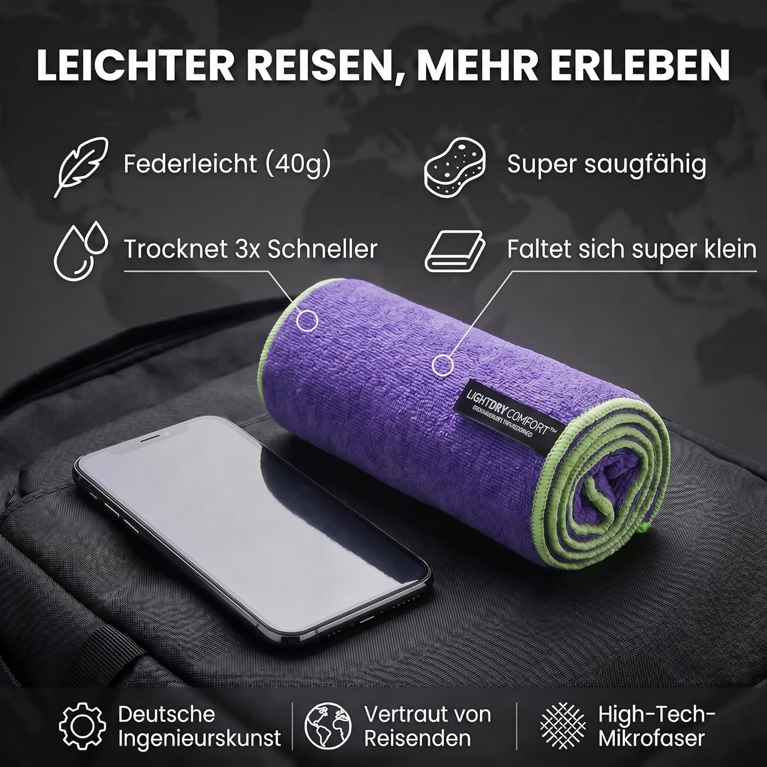 Mikrofaser Reisehandtuch 80x40 cm - Schnelltrocknend & Kompakt Lila