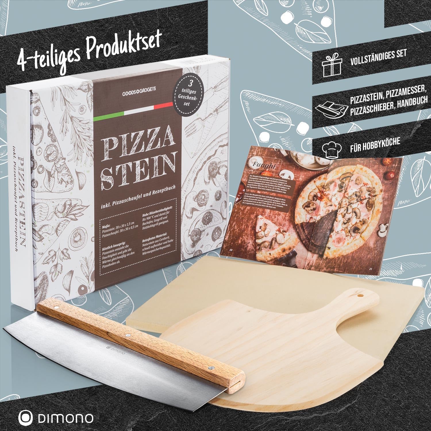 Pizzastein Set 38x30 cm aus Cordierit inkl. Pizzaschieber