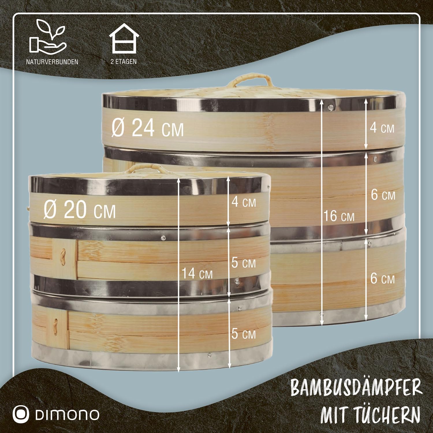 Bambus Dampfgarer 20cm - 2 Etagen Asia-Dampfkorb mit Edelstahl-Ring