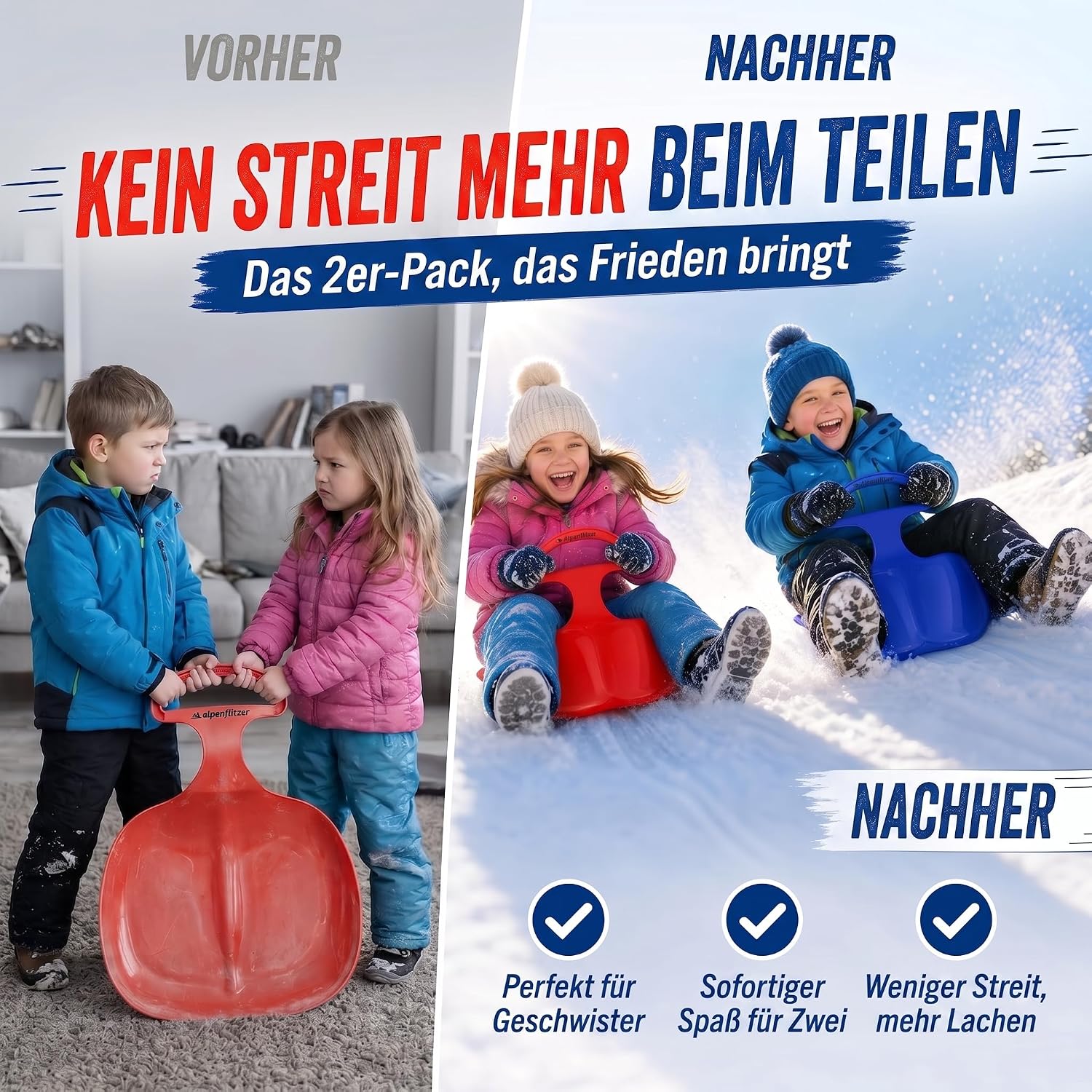 2er Set Popo-Rutscher für Kinder – Robuste Schneerutscher mit Griff