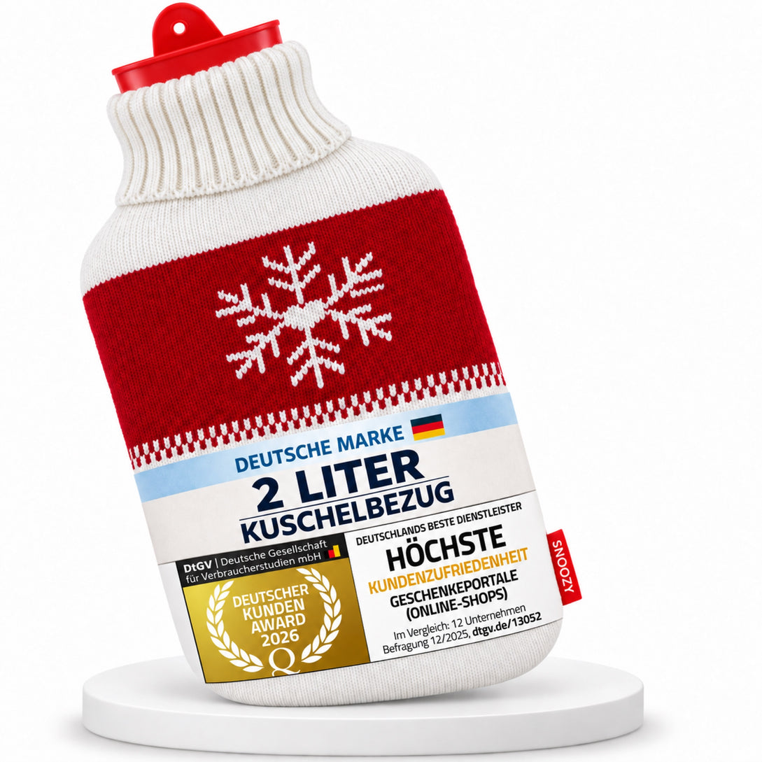 SNOOZY Wärmflasche mit Schneeflocken-Strickbezug, 2 Liter