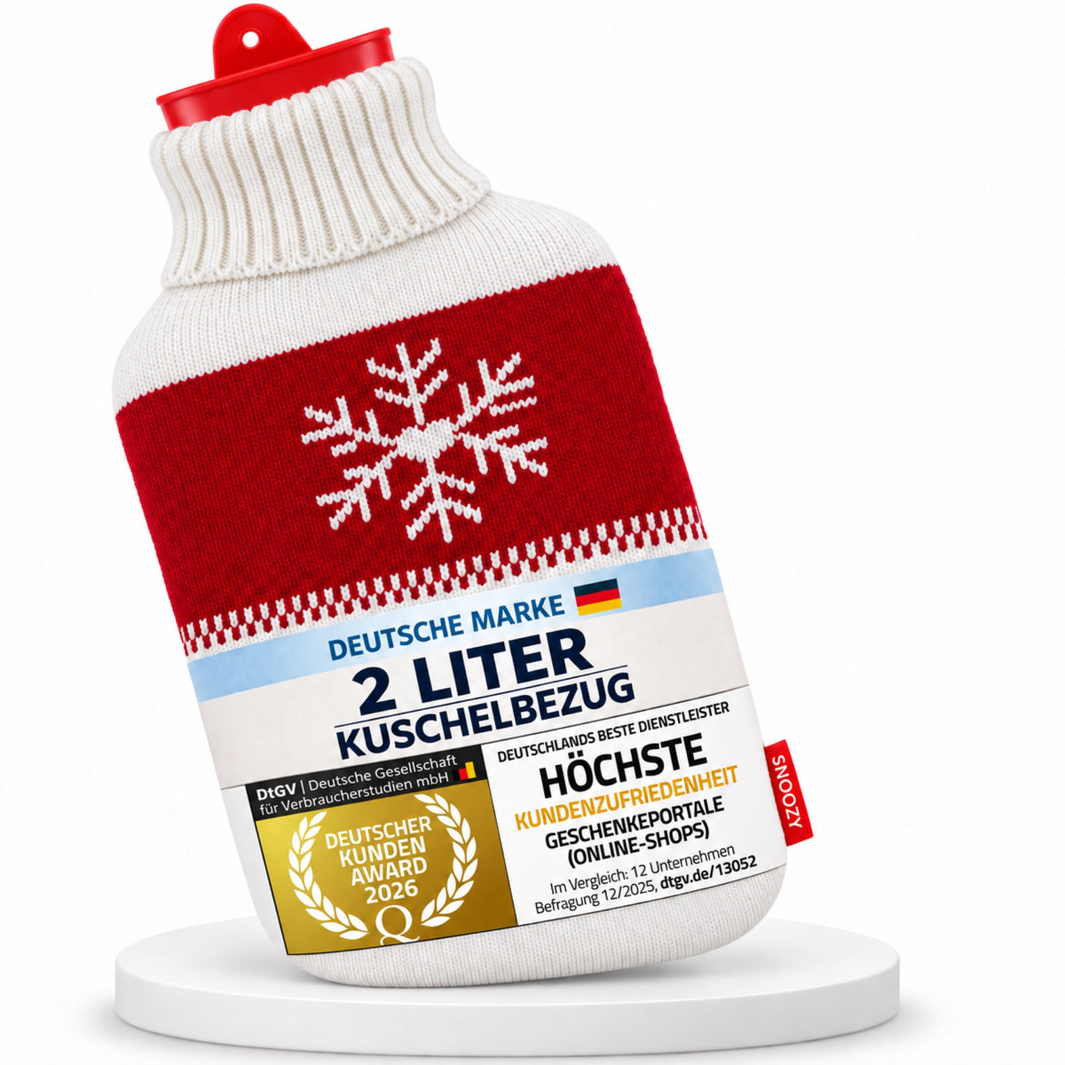SNOOZY Wärmflasche mit Schneeflocken-Strickbezug, 2 Liter