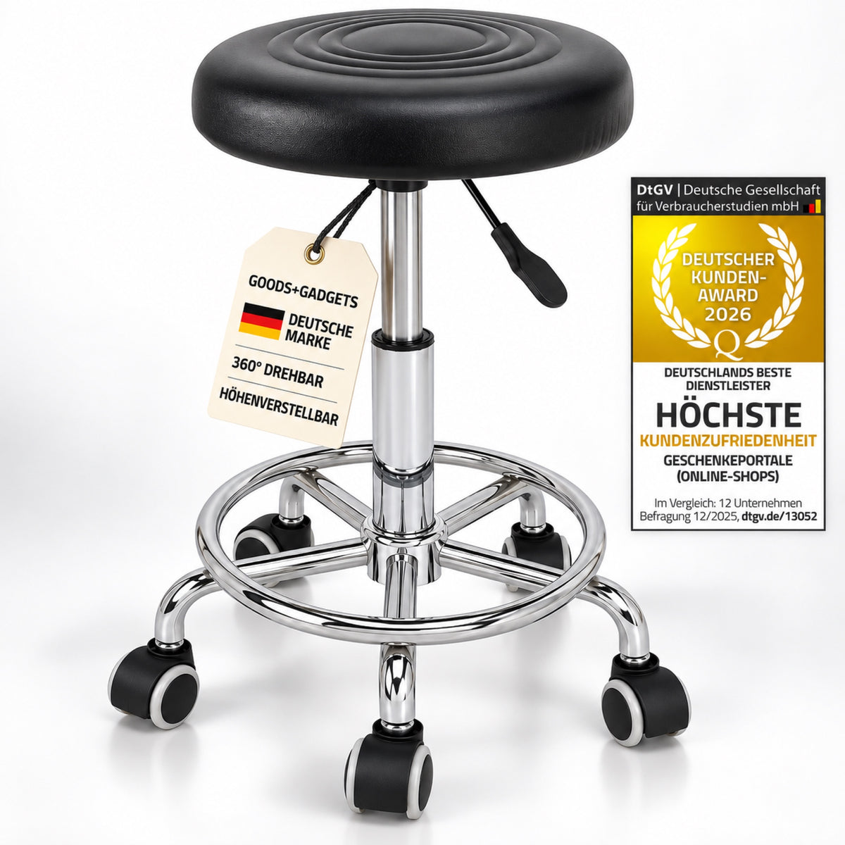 Rollhocker schwarz, Marke und Features auf Banderole, ohne Prüfengel
