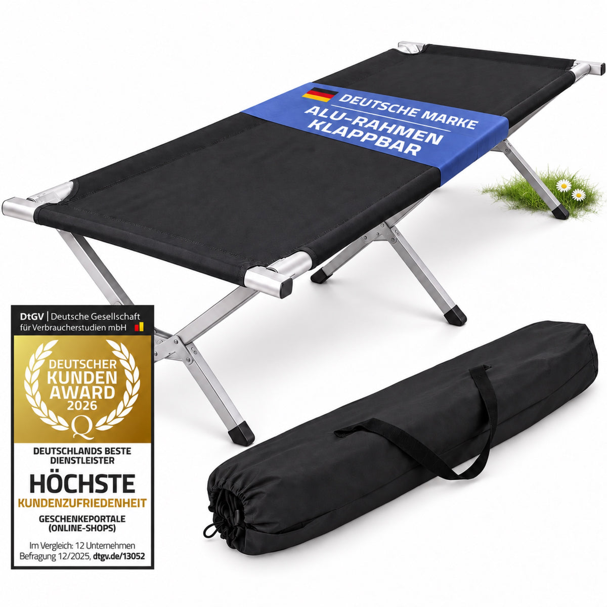 Schwarzes klappbares Aluminium-Feldbett mit passender Tragetasche