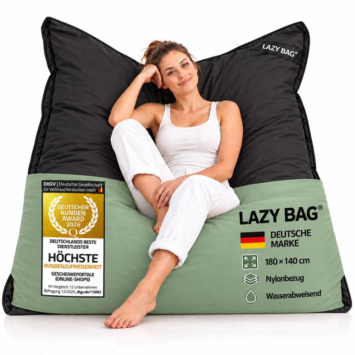 LazyBag XXL Outdoor-Nylon-Sitzsack Schwarz – 180 × 140 cm
