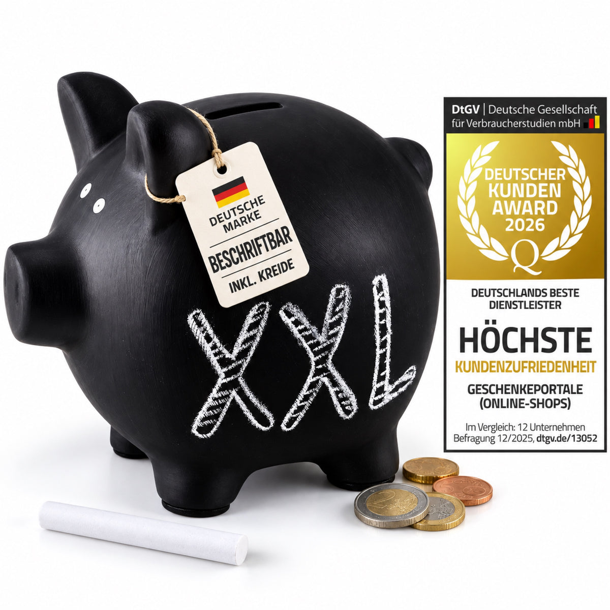 Schwarzes XL-Sparschwein mit beschreibbarer Oberfläche, Kreide und DtGV Kunden-Award 2026