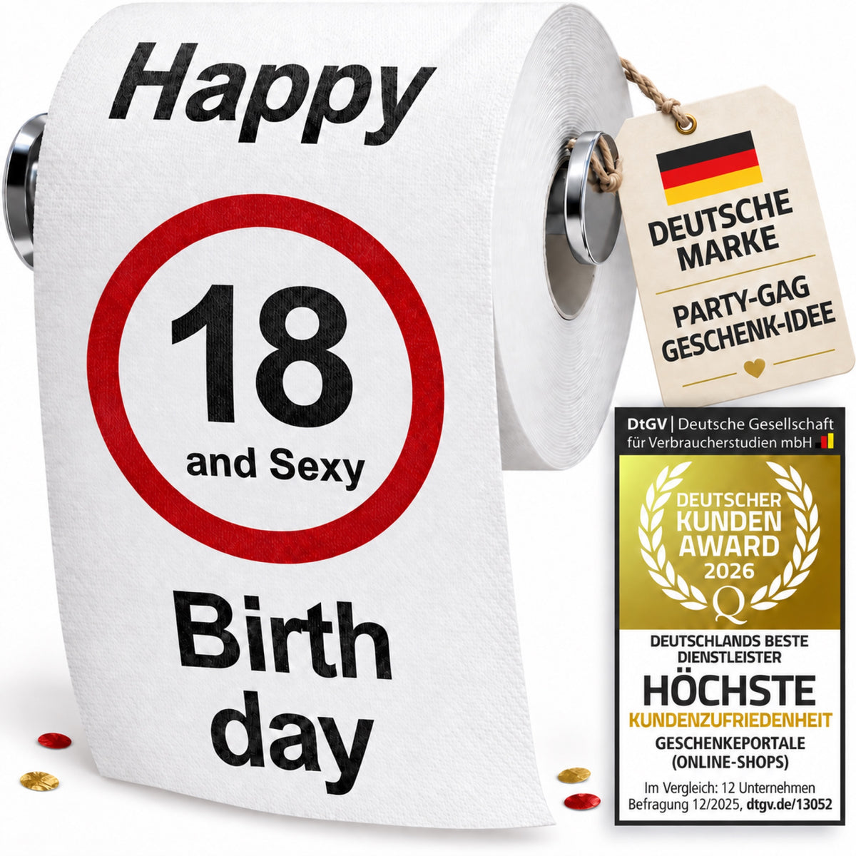 Geburtstagstoilettenpapier 18 – Happy and Sexy Birthday, Geschenkidee mit Deutsche-Marke-Anhänger