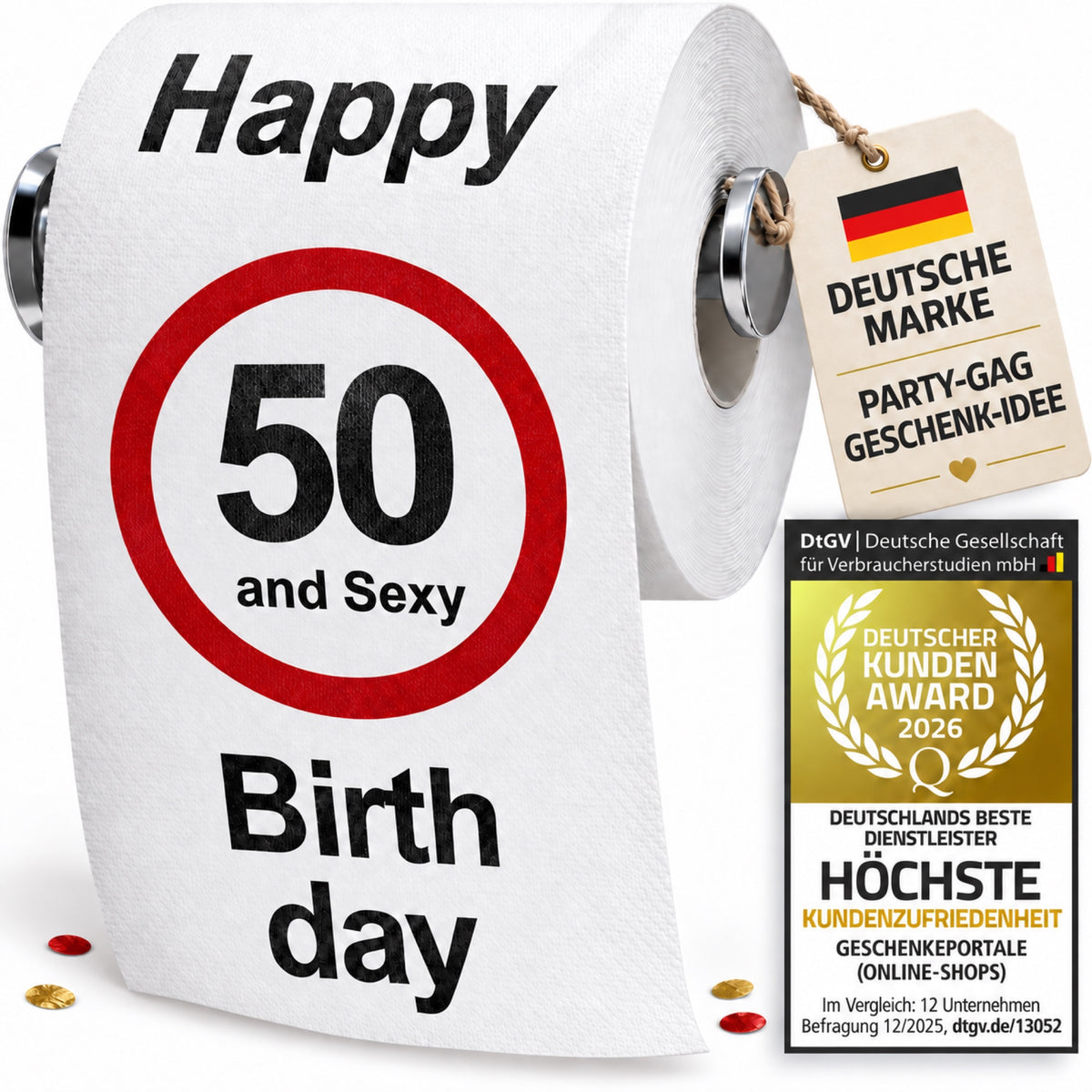Geburtstagstoilettenpapier 50 – Happy and Sexy Birthday, Geschenkidee mit Deutsche-Marke-Anhänger