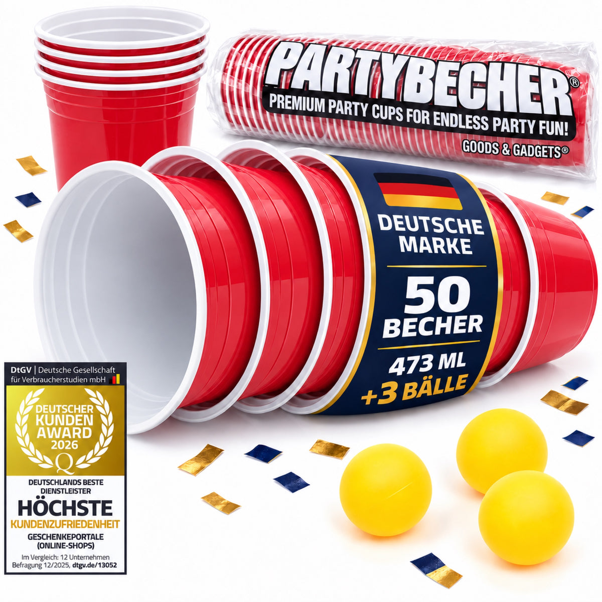 Goods+Gadgets 50 rote Partybecher 473 ml mit 3 gelben Bällen – Deutsche Marke und DtGV Kunden Award 2026