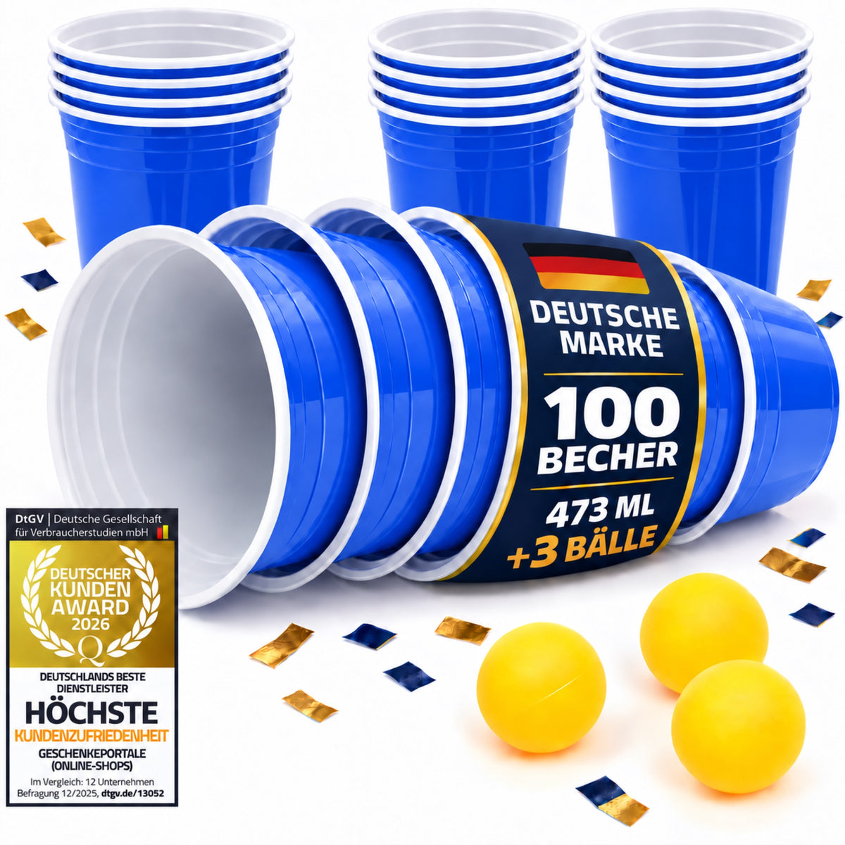 Goods+Gadgets 100 blaue Partybecher 473 ml mit 3 gelben Bällen – Deutsche Marke und DtGV Kunden Award 2026