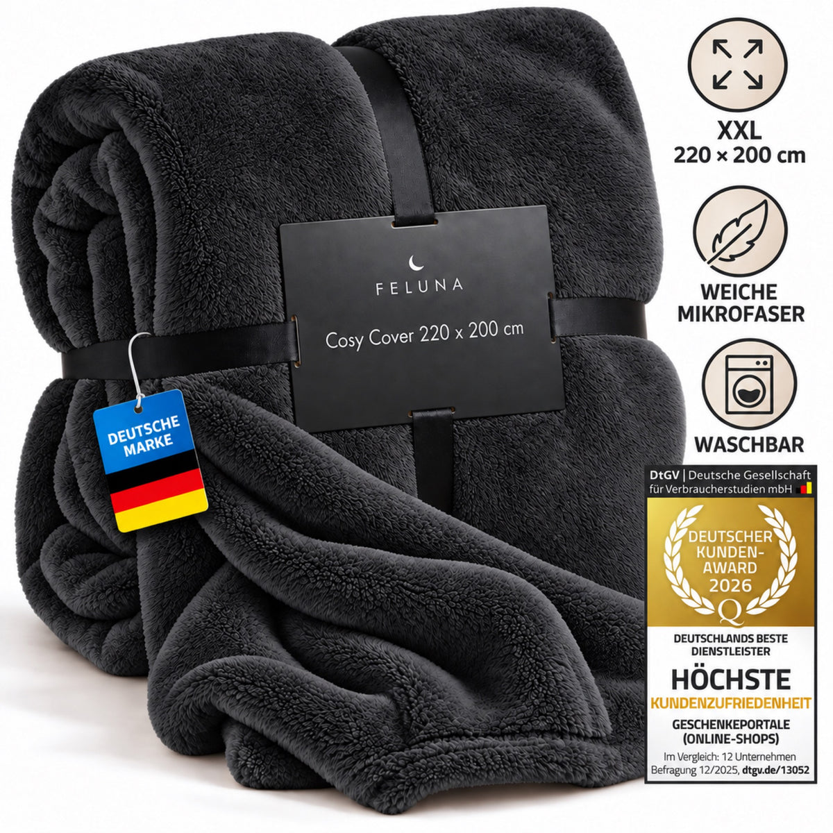 Feluna XXL Kuscheldecke 220x200 cm – Kuschelweiche Wohndecke Grau