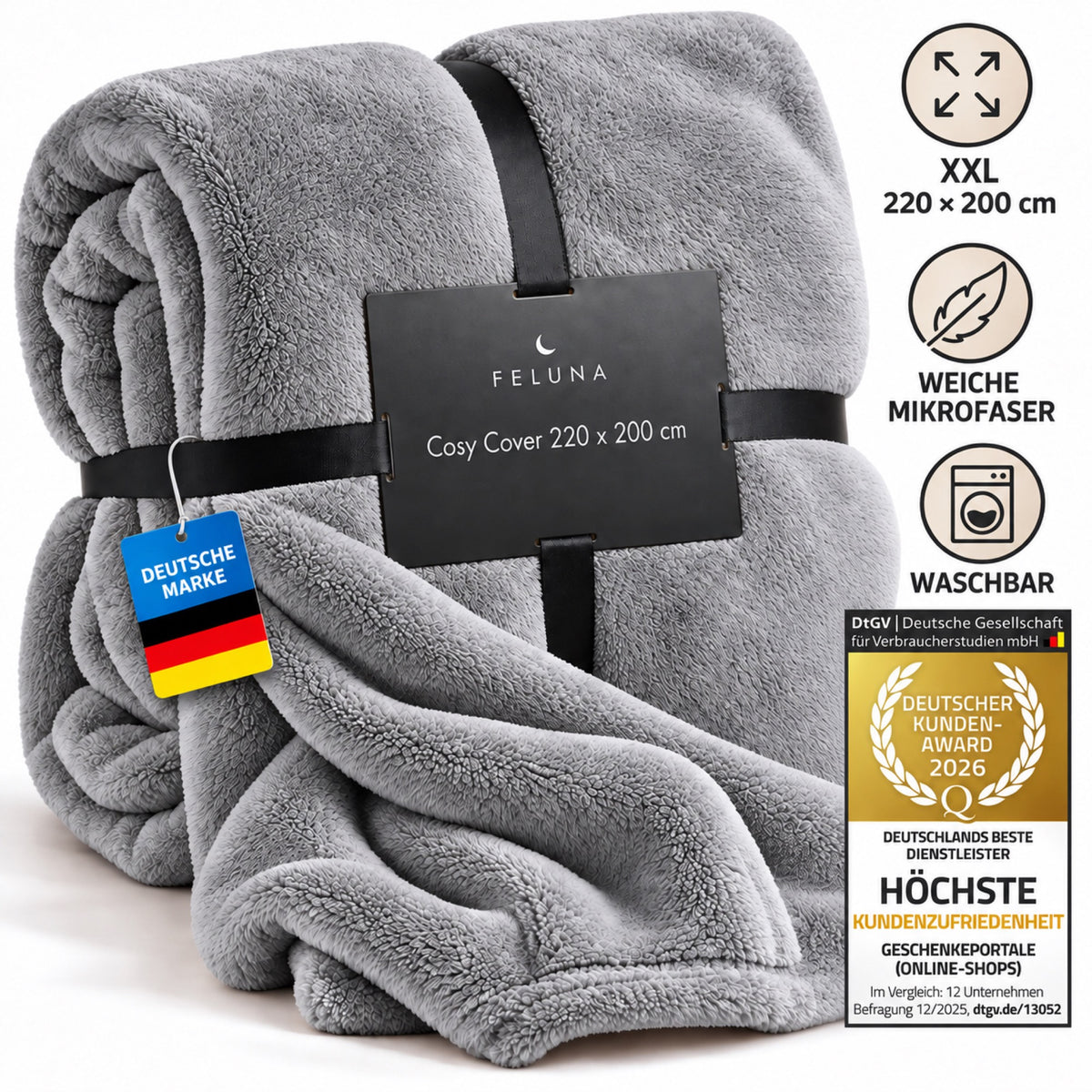 Feluna XXL Kuscheldecke 220x200 cm – Kuschelweiche Wohndecke Grau