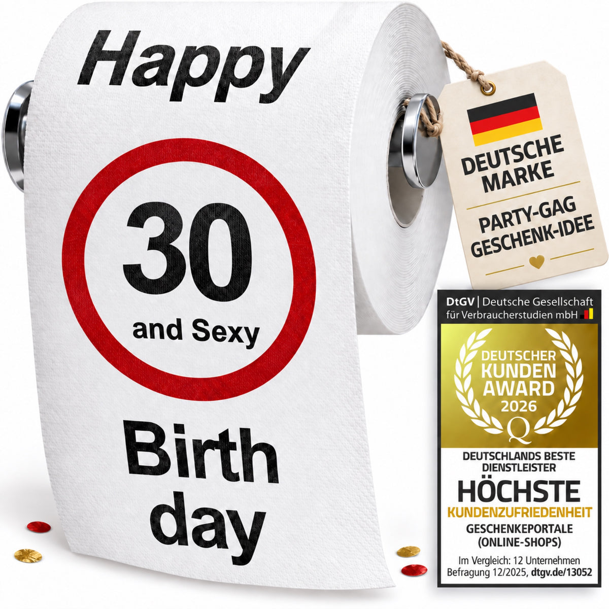 Geburtstagstoilettenpapier 30 – Happy and Sexy Birthday, Geschenkidee mit Deutsche-Marke-Anhänger