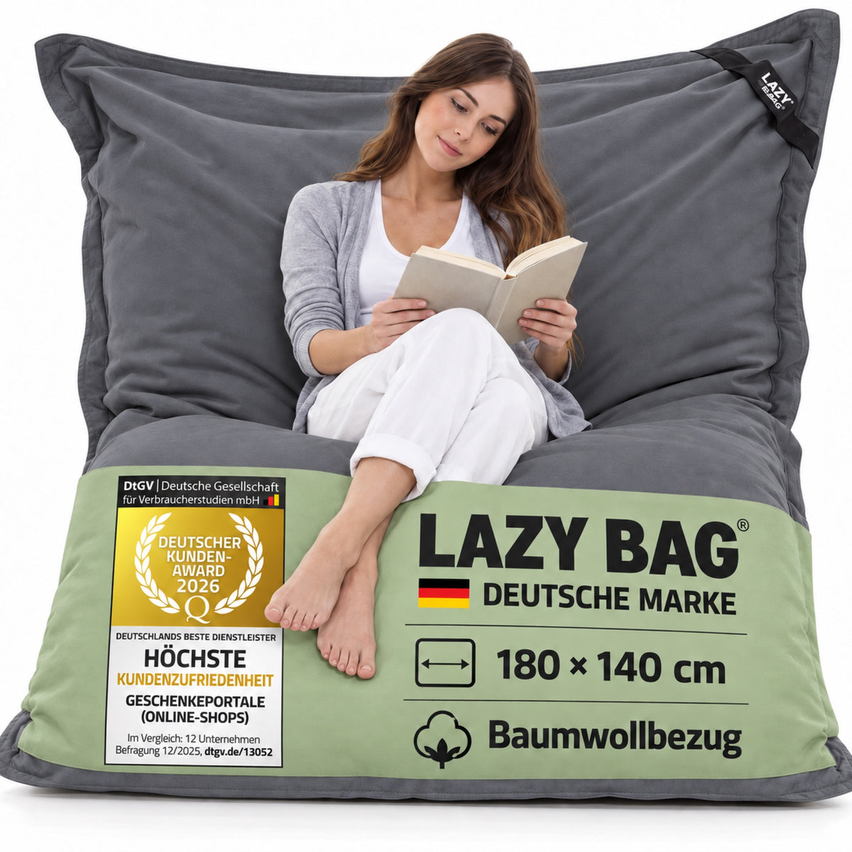 LazyBag XXL Baumwoll-Sitzsack Dunkelgrau – 180 × 140 cm
