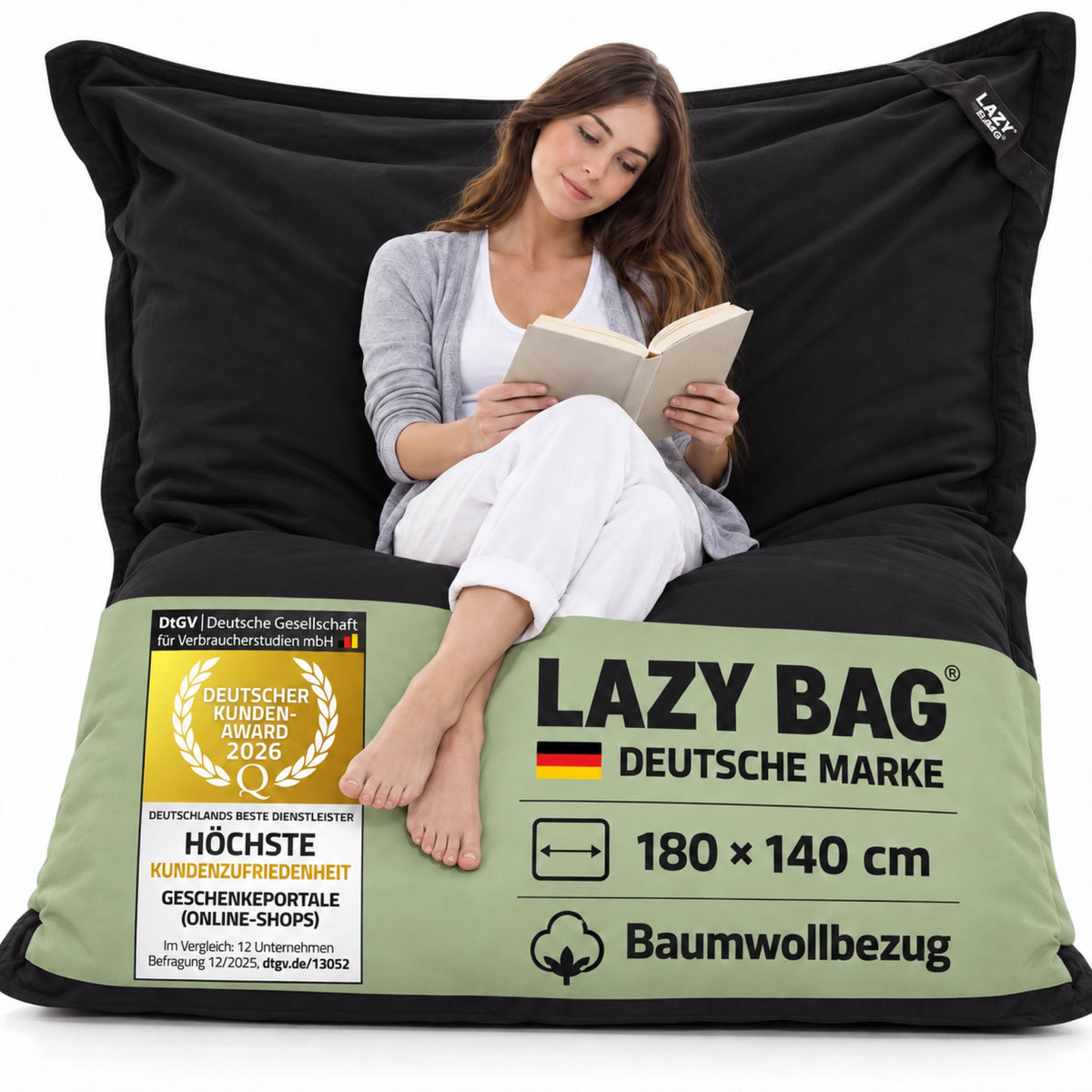 LazyBag XXL Baumwoll-Sitzsack Schwarz – 180 × 140 cm