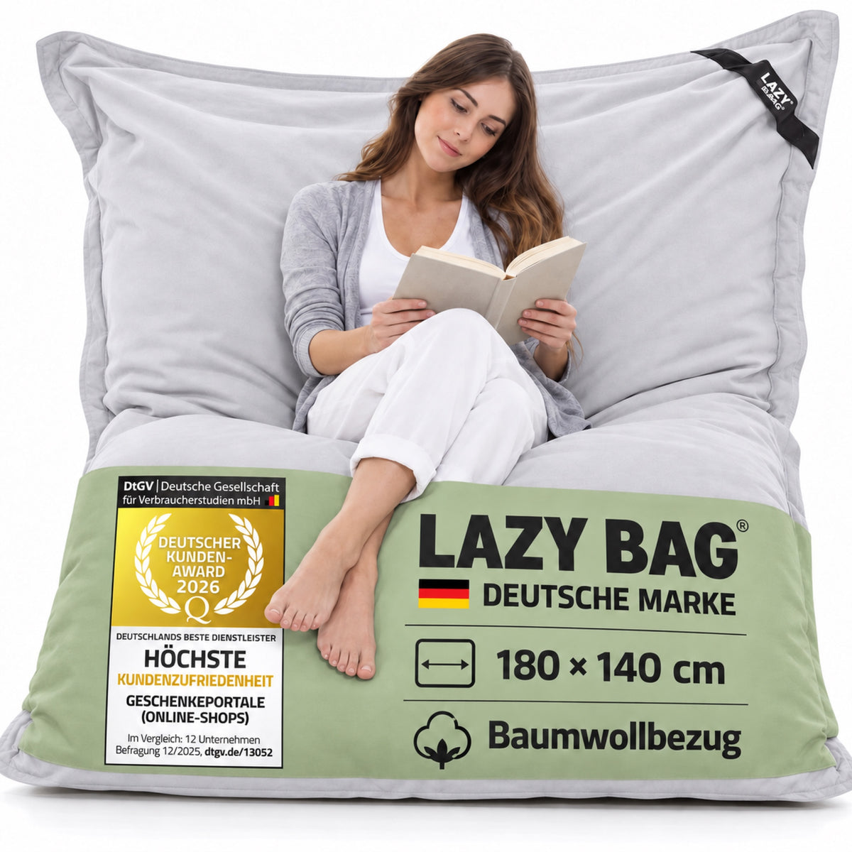 LazyBag XXL Baumwoll-Sitzsack Hellgrau – 180 × 140 cm