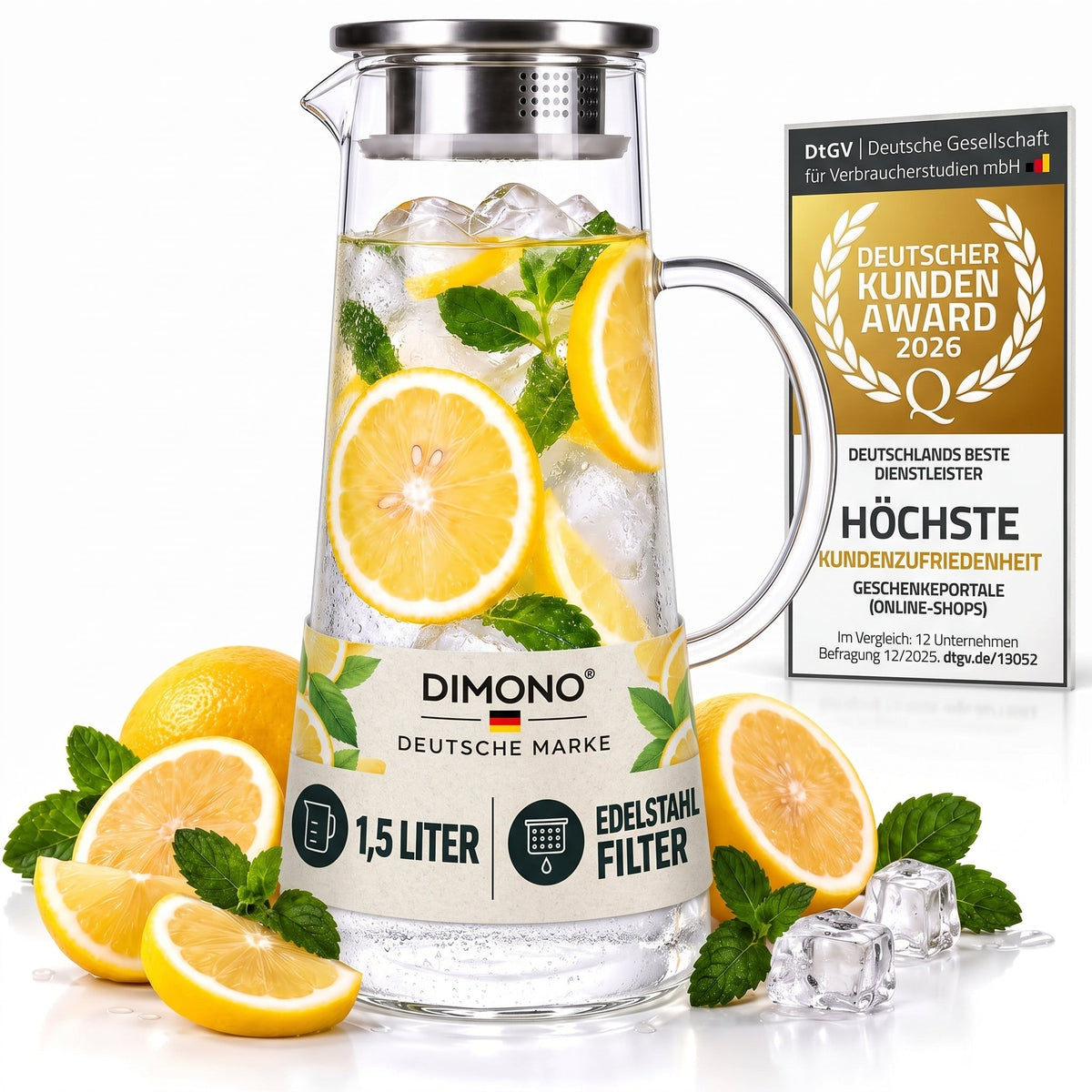 Dimono Glaskrug 1,5L mit Edelstahl-Filter – Hitzebeständige Karaffe | B01GF3I6QK