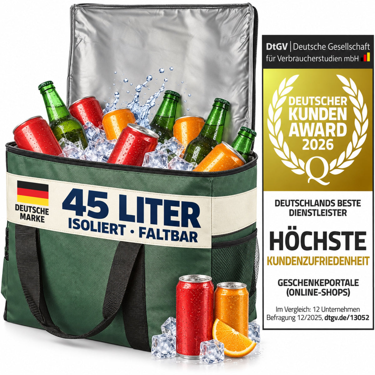 Grüne 45-Liter-Kühltasche mit Isolierung, Feature-Banderole und DtGV Kunden-Award 2026