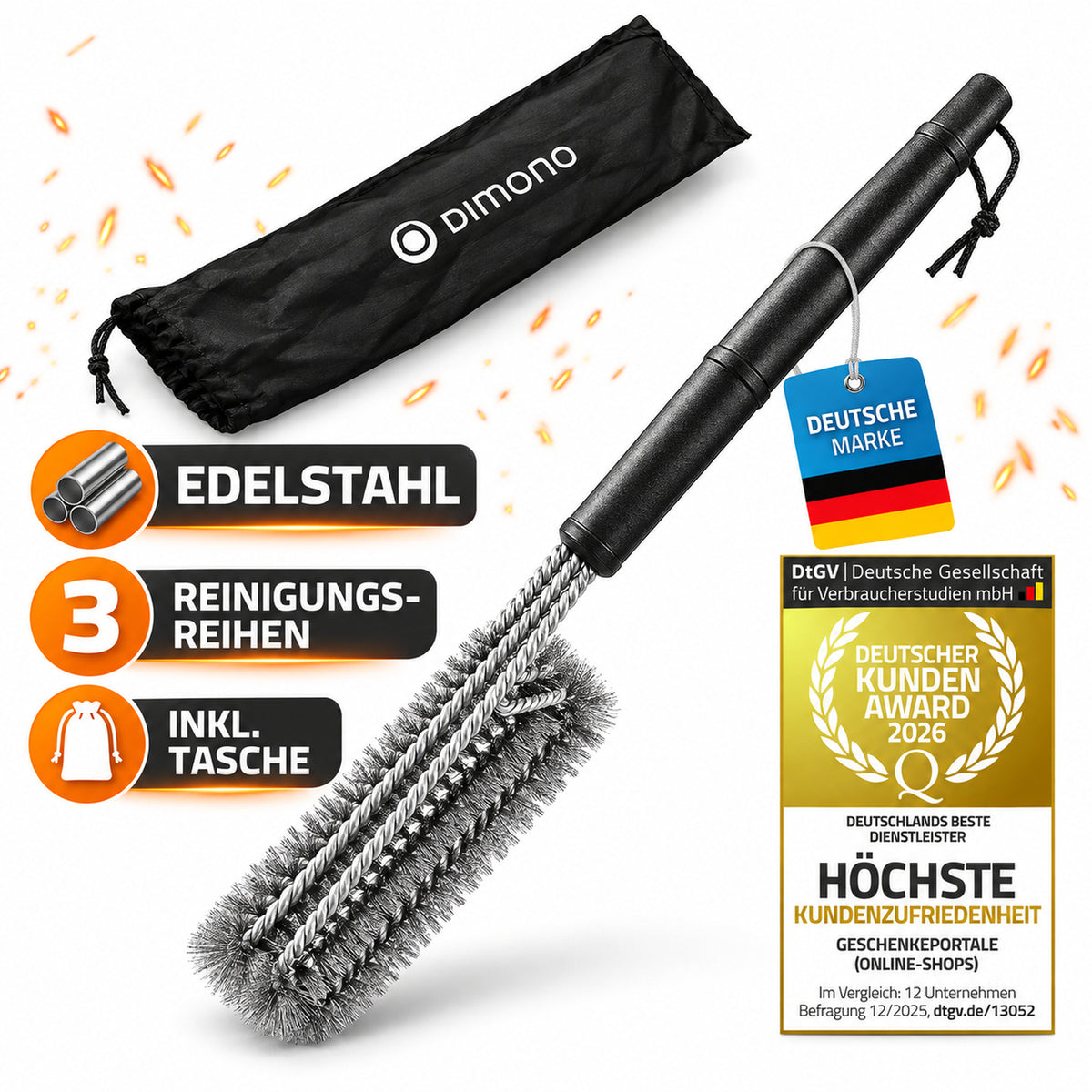 3in1 Edelstahl Grillbürste – 45 cm Reiniger mit Schaberr