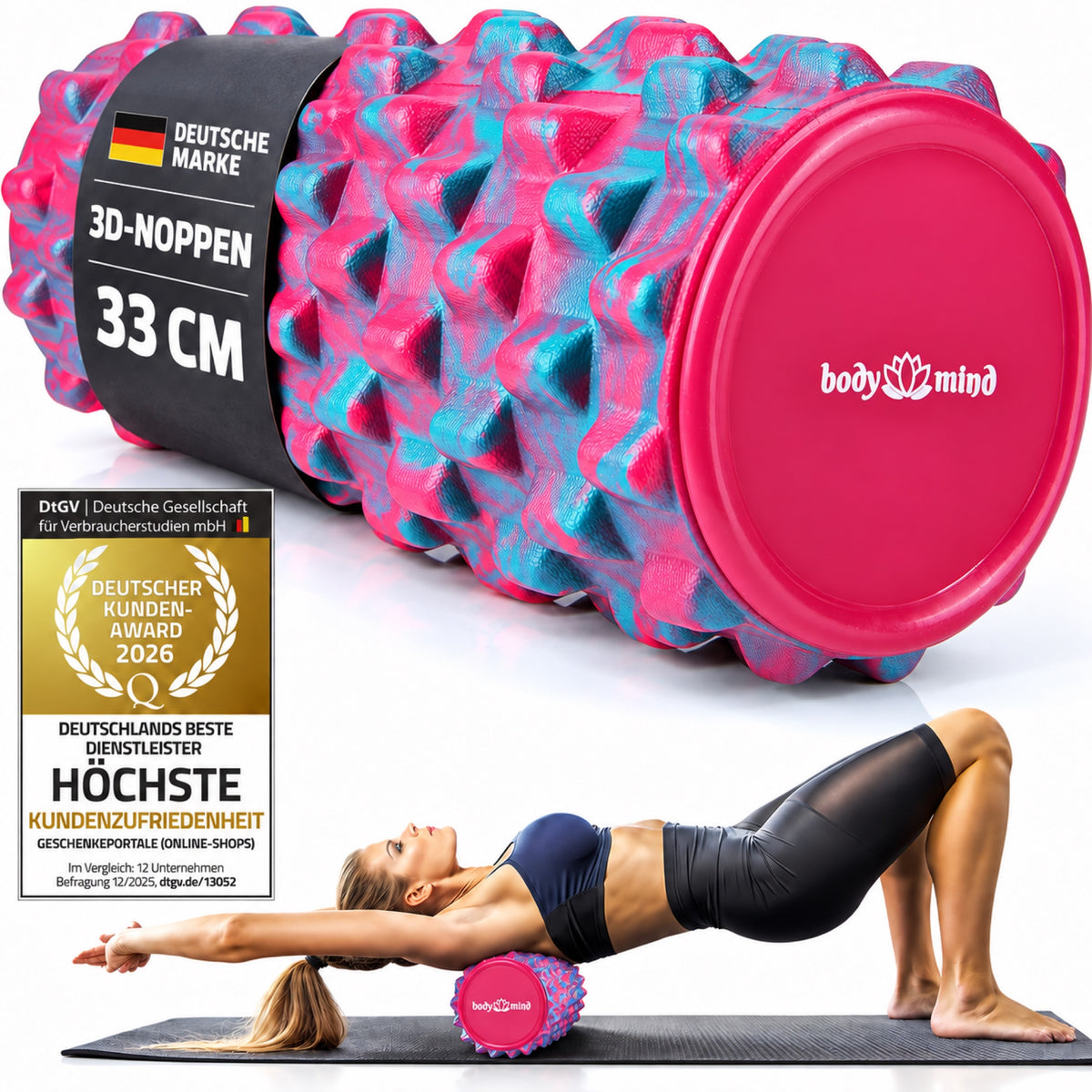 Body & Mind Faszienrolle Pink-Blau mit 3D-Noppen, Anwendungsbeispiel und Deutscher Kunden Award 2026