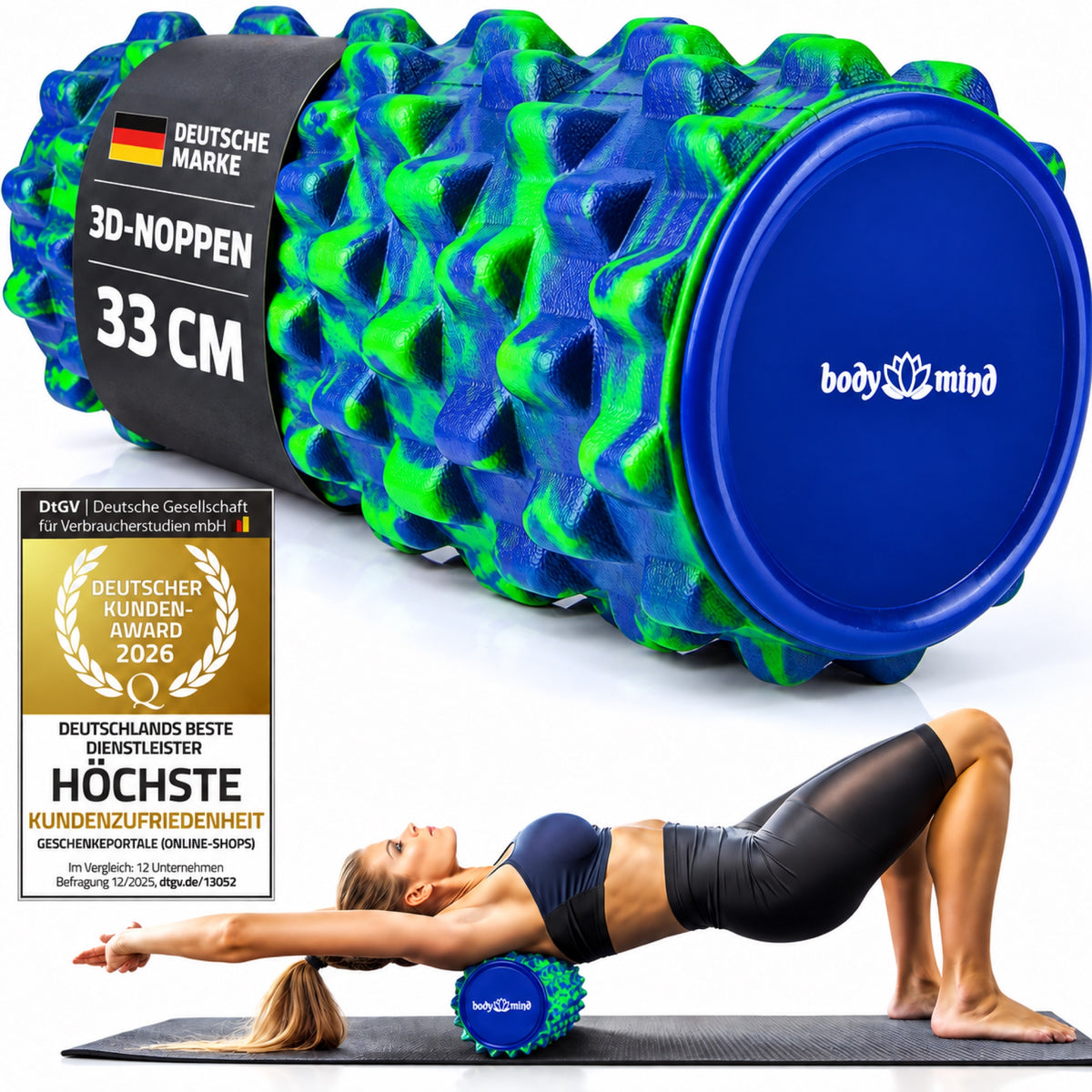 Body & Mind Faszienrolle Blau-Grün mit 3D-Noppen, Anwendungsbeispiel und Deutscher Kunden Award 2026