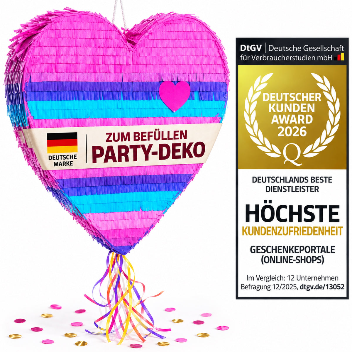Herz-Piñata in Pink, Violett und Türkis zum Befüllen mit DtGV Kunden-Award 2026