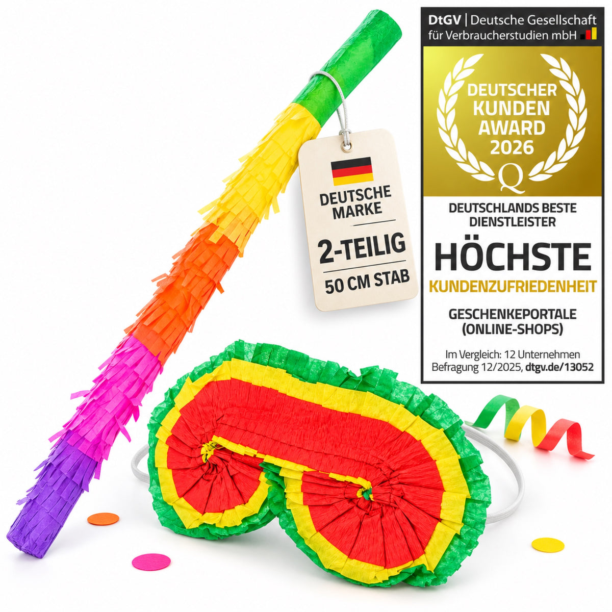 Piñata-Zubehörset mit buntem 50-cm-Stab, Augenmaske und DtGV Kunden-Award 2026