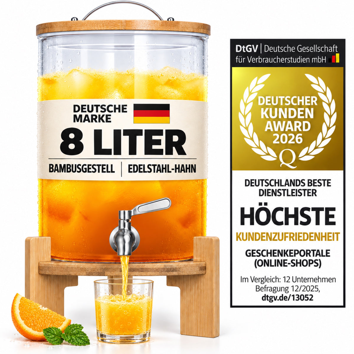 8 Liter Getränkespender aus Glas mit Bambusgestell und Edelstahlhahn – Serviervorschlag mit Orangensaft