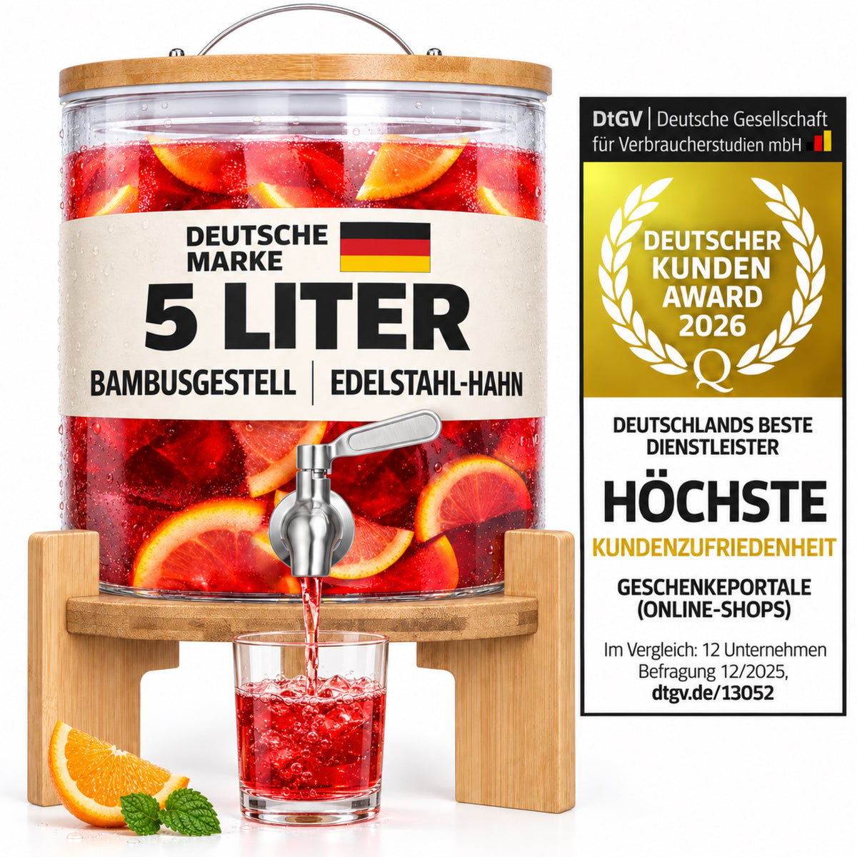 5 Liter Getränkespender aus Glas mit Bambusgestell und Edelstahlhahn – Serviervorschlag mit Fruchtgetränk