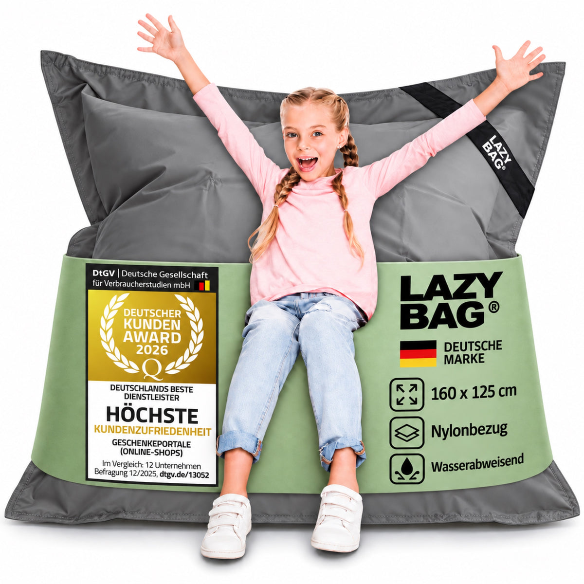LazyBag Junior Outdoor-Nylon-Sitzsack Dunkelgrau – 160 × 125 cm