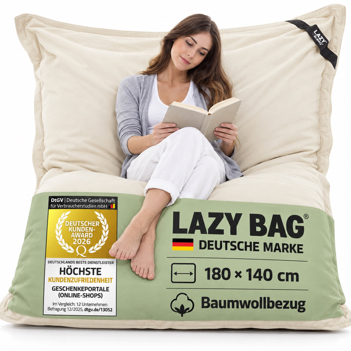 LazyBag XXL Baumwoll-Sitzsack Beige – 180 × 140 cm
