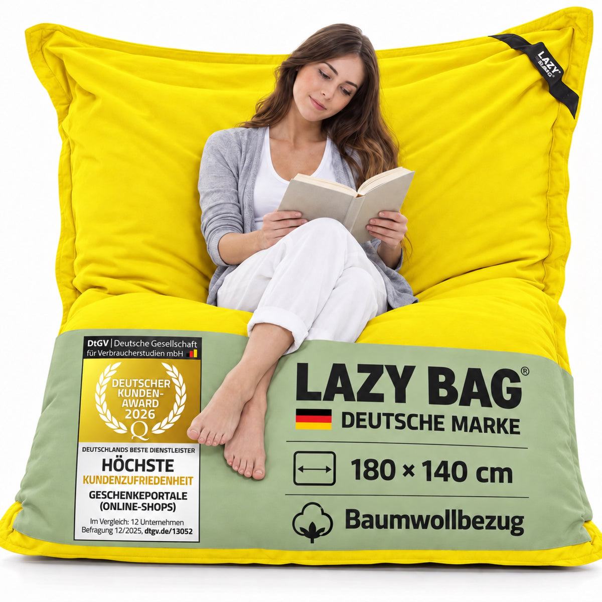 LazyBag XXL Baumwoll-Sitzsack Gelb – 180 × 140 cm