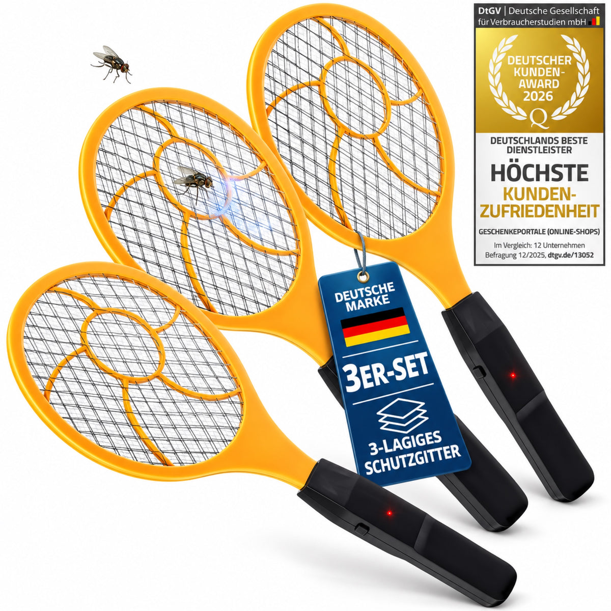 Elektrische Fliegenklatsche 3er Set mit Kundenaward und Deutsche Marke
