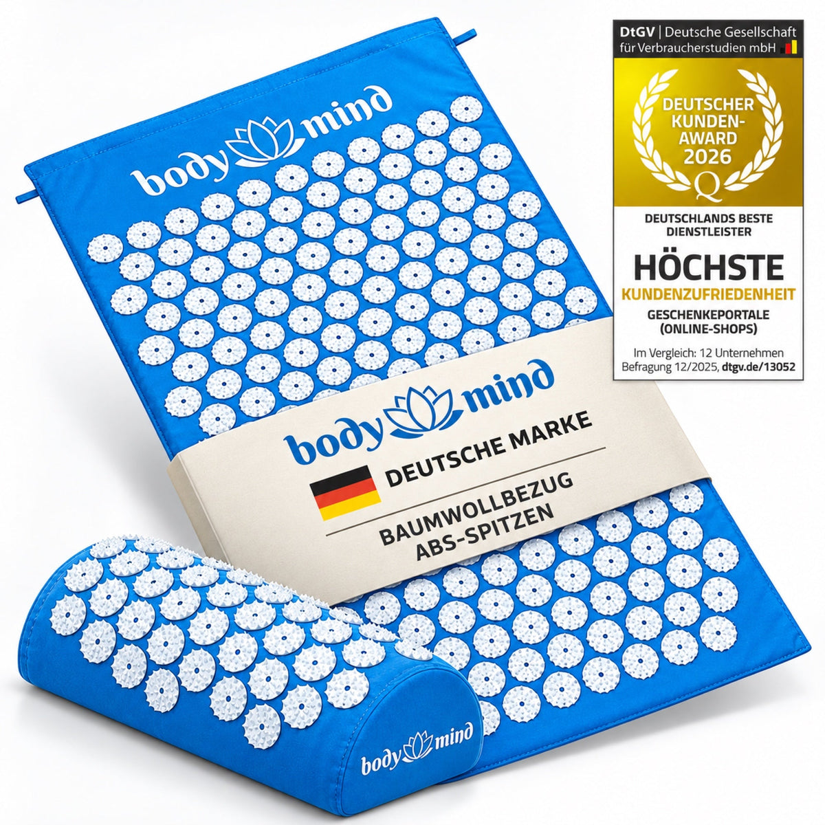 Akupressurmatte Deluxe mit Kopfkissen; Marke und Features auf Banderole, ohne Prüfengel
