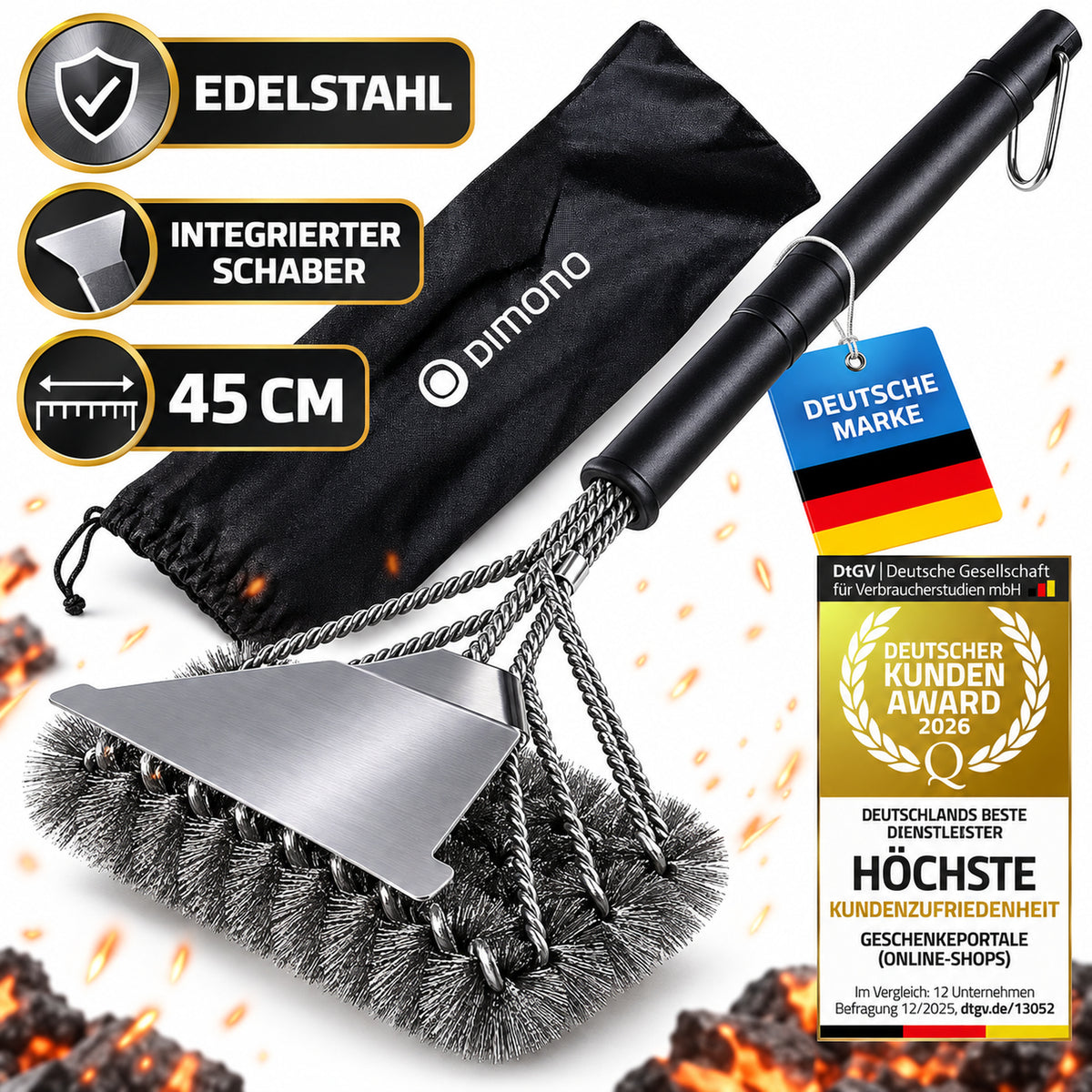 3in1 Edelstahl Grillbürste – 45 cm Reiniger mit Schaberr