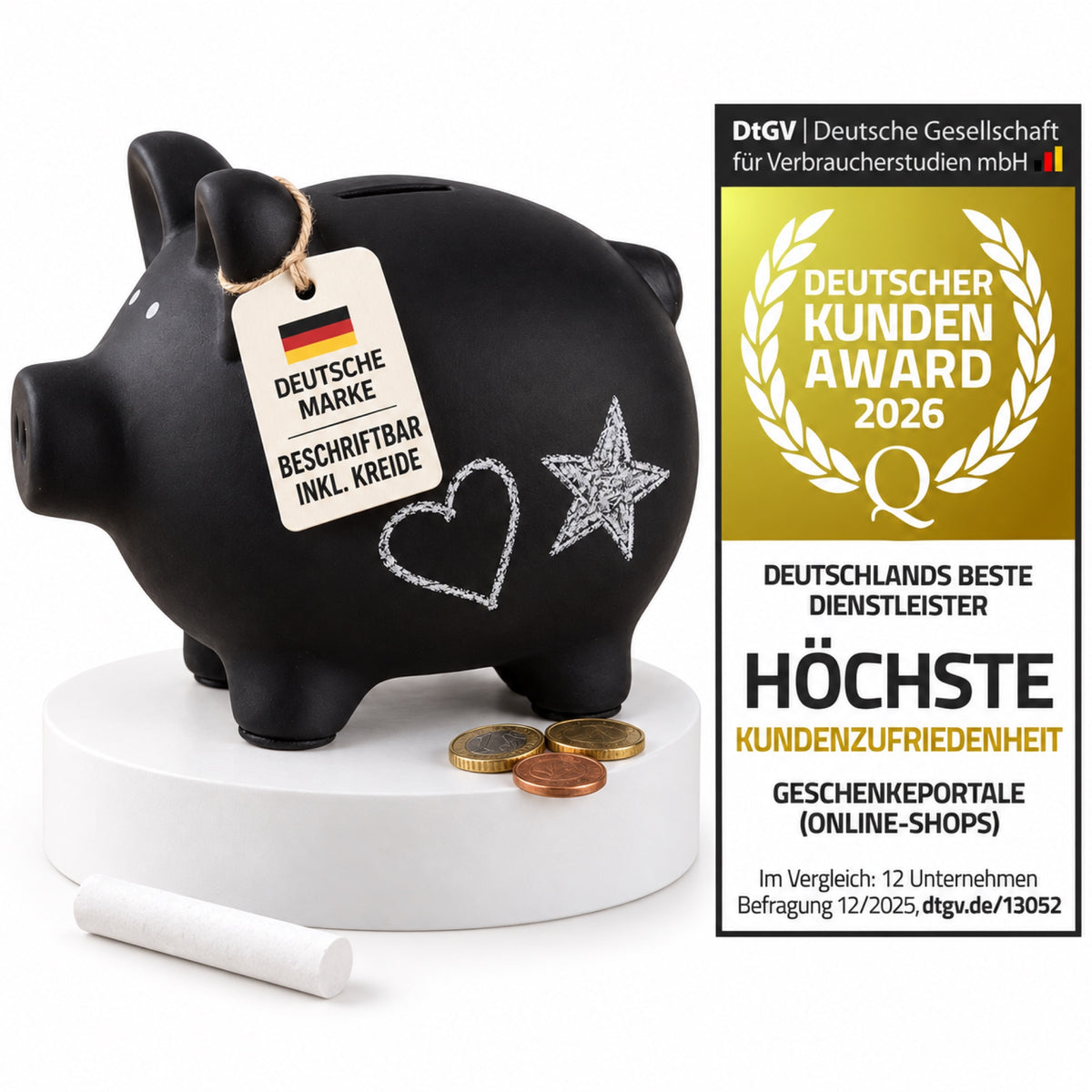 Schwarzes Sparschwein Größe S mit Kreide, Herz- und Sternzeichnung und DtGV Kunden-Award 2026