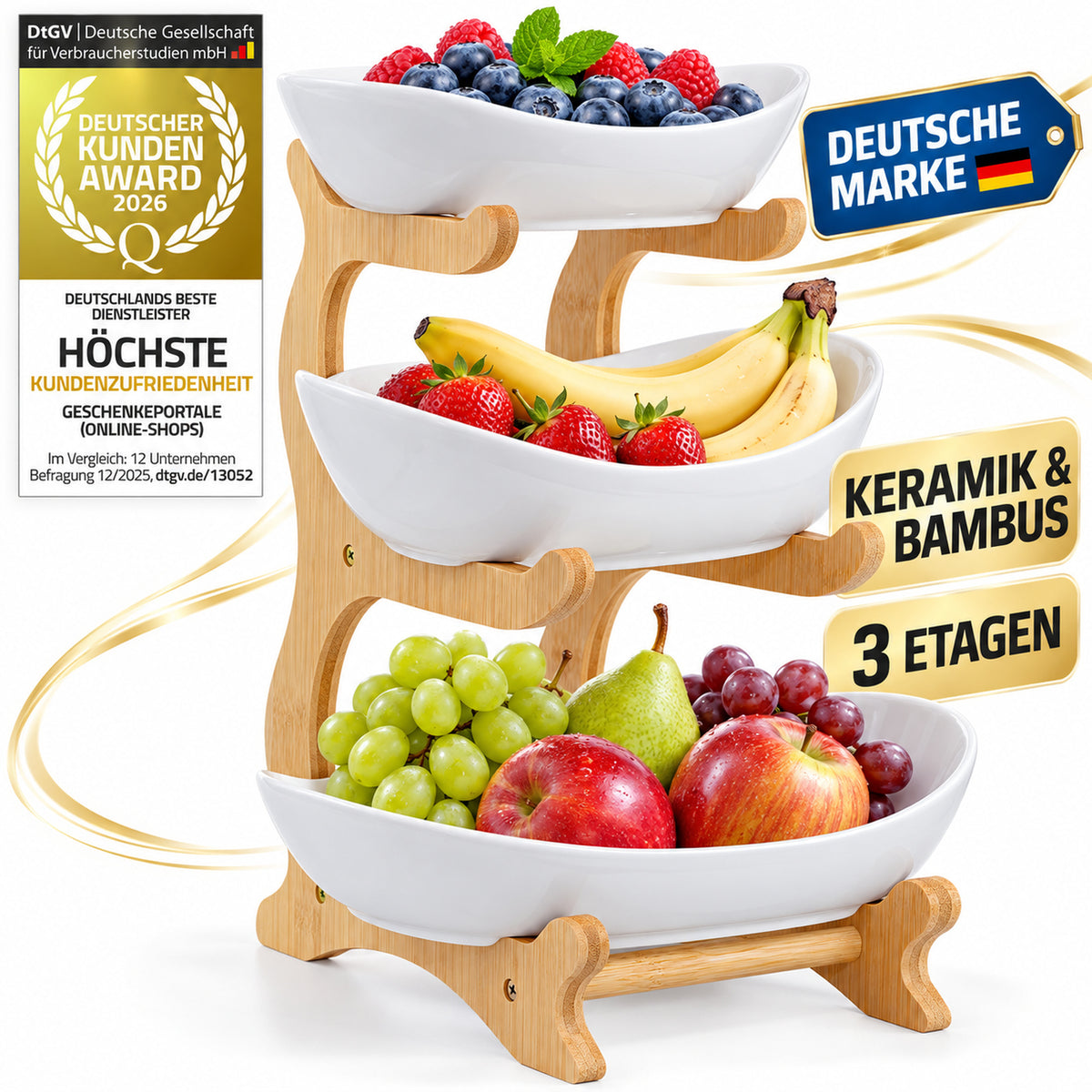 Luxus 3-stöckige Keramik-Etagere - Obstkorb & Servierständer aus Bambus