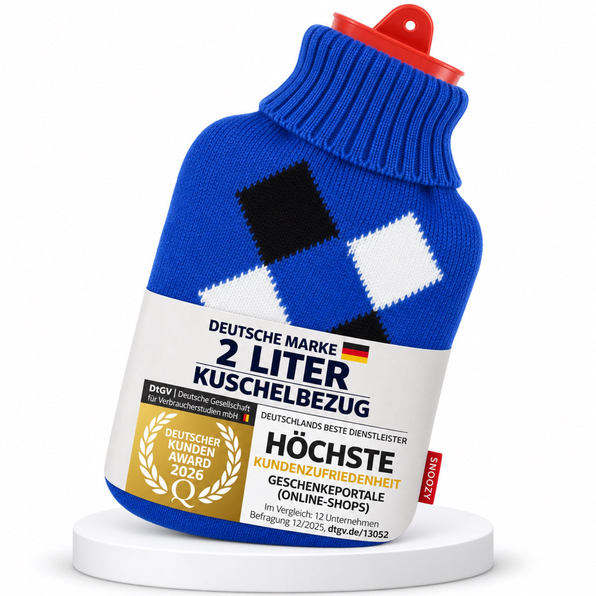 SNOOZY Wärmflasche mit blauem Karobezug, 2 Liter