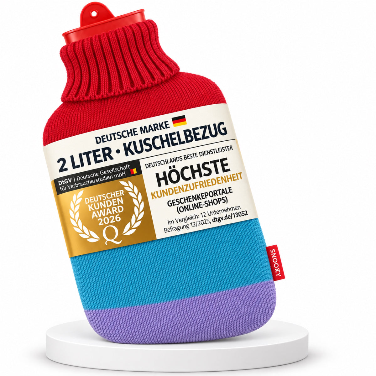 SNOOZY Wärmflasche mit Regenbogen-Strickbezug, 2 Liter