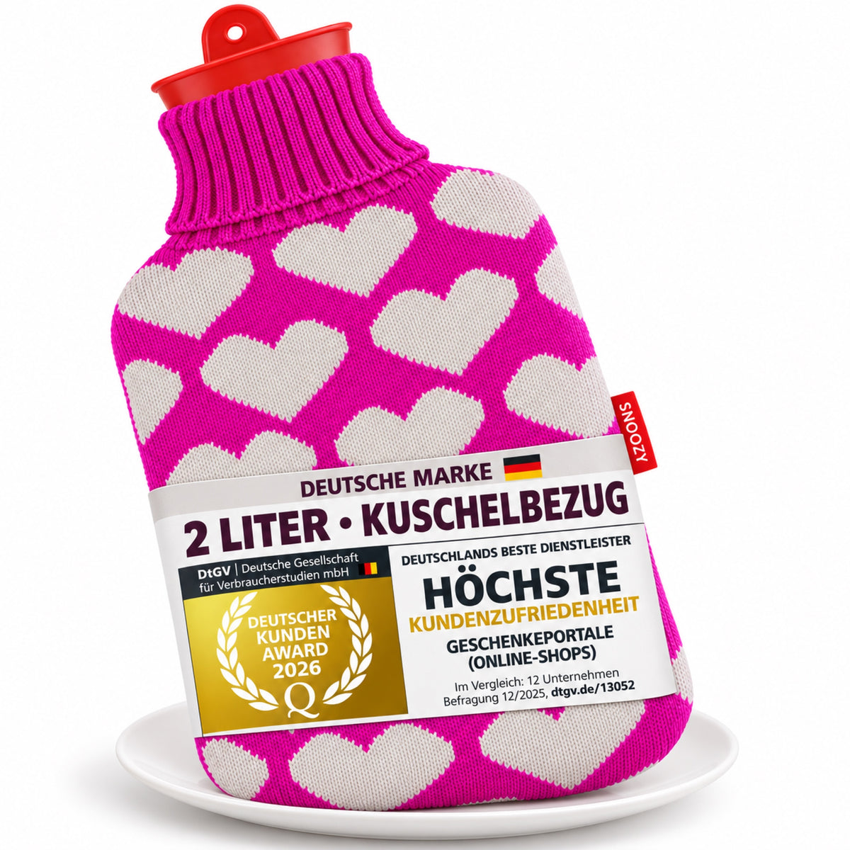 SNOOZY Wärmflasche mit pinkem Herz-Strickbezug, 2 Liter